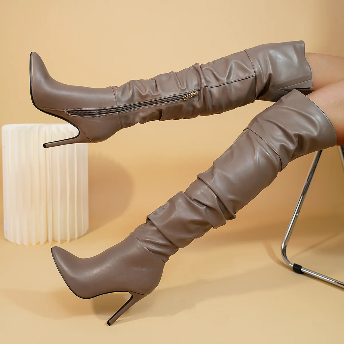 

Black Pointed Toe Long Boots Solid Fine Heels Women Shoes Fall Dress Over Knee Botas Zapatos Mujer