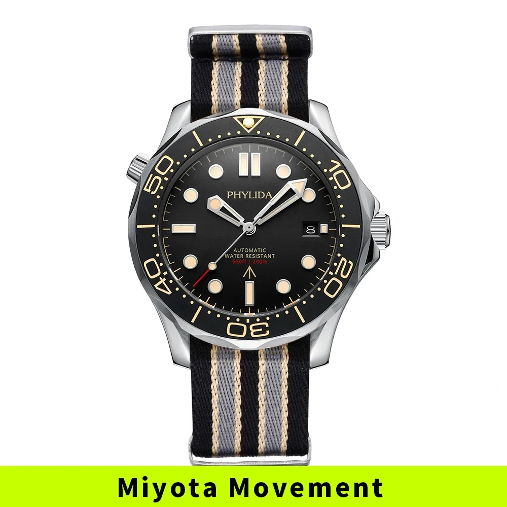 PHYLIDA Black Dial PT5000 MIYOTA Automatic Watch DIVER 200M 007