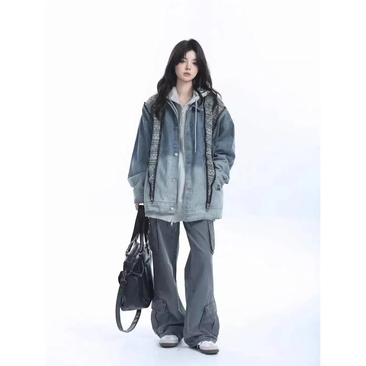 

Retro American Design Loose Casual Denim Jaet for Women Student Korean Version Print Zipper Jaet Workwear Top