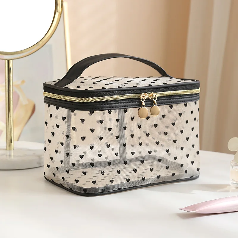 Double-layers Black Mesh Cosmetic Bag Travel Portable Large-Capacity Makeup Case Organizer Storage Pouch Zipper Toiletry Bags