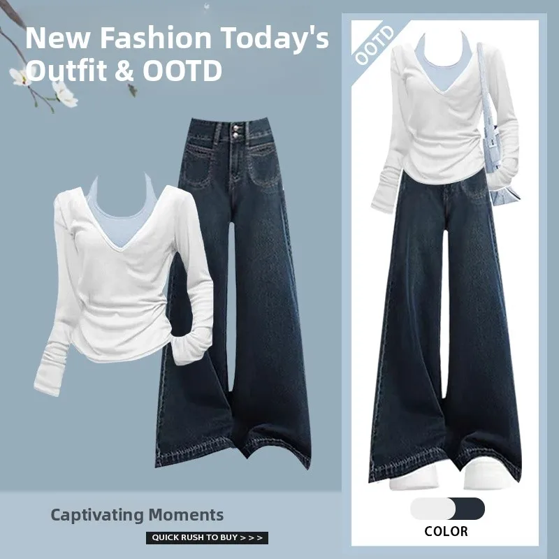 

Весна 2025 г., свободный топ Fre Sle, одинаковый ремешок Agel с универсальными джинсами Ele, комплект из футболки, женский комплект Faion Ens...