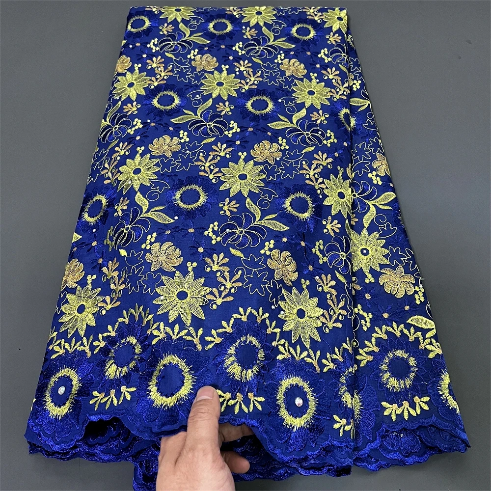 African Linen Cotton Lace Fabric For Women, Rhinestone Fabric,Embroidery,Party Dresses,Blue,Tulle, Fabrics Per Meter, 5Yards