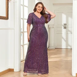 2023 New Short Sleeve Ruffle Elastic Long Dress Shiny Sequin Double V-neck Plus Size Women Floor To Floor Mermaid Evening Dress