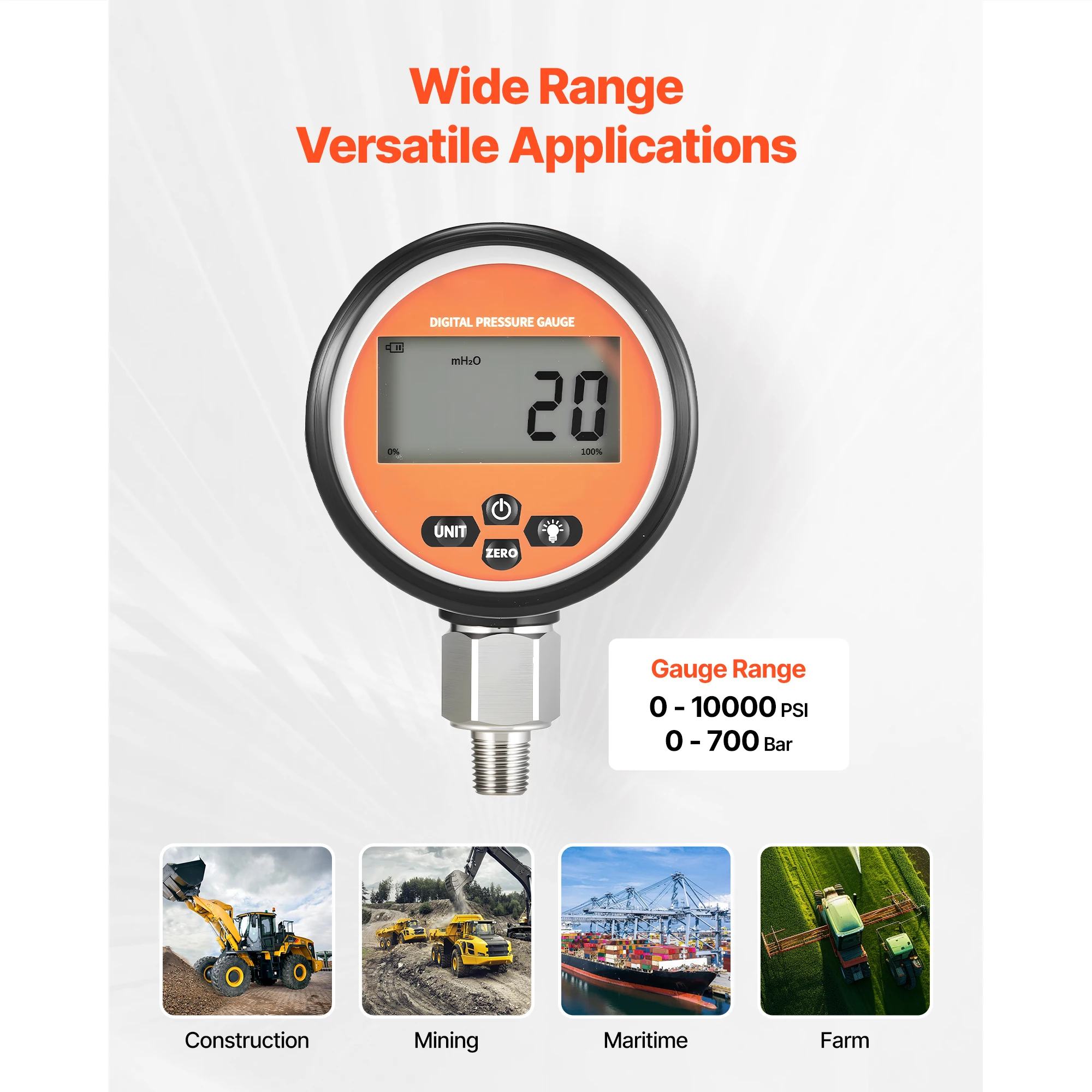 VEVOR Digital Hydraulic Pressure Gauge 0-10000 PSI Sensor Manometer Tester 1/4 Inch NPT Stainless Steel Housing For Excavator