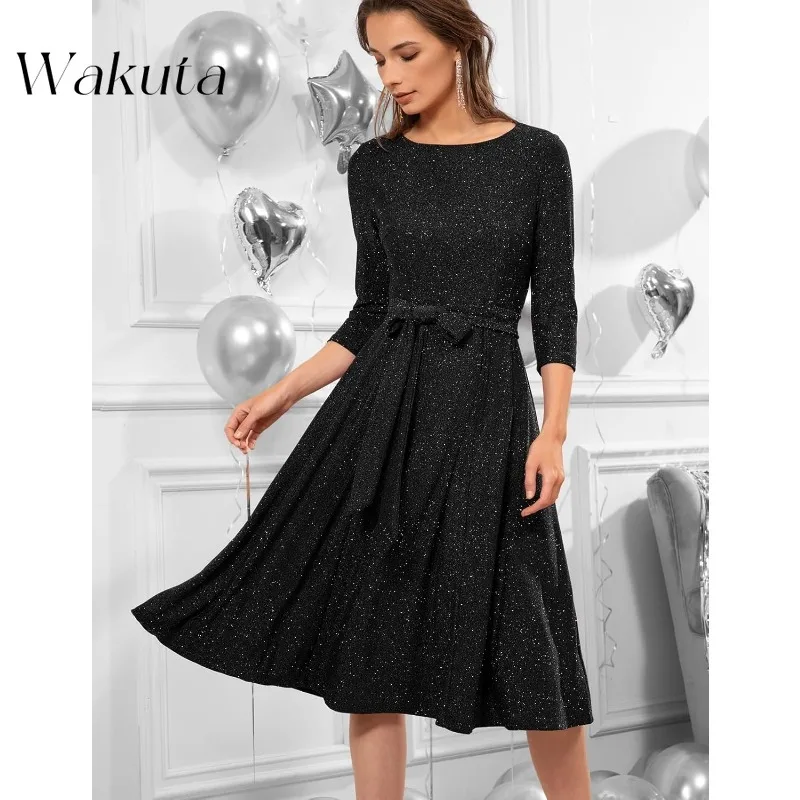 Wakuta Vintage Round Neck Regular Women's Cocktail Dresses Fashion Slim Bow Guest Christmas Vestidos De Fiestas Elegantes Mujer