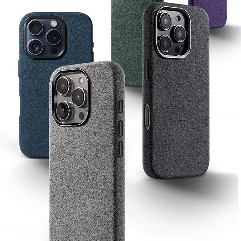 Casing ponsel Alcantara Italia, casing kulit Bisnis Mewah untuk iPhone 16 Pro Max, penutup belakang warna abu-abu magnetik