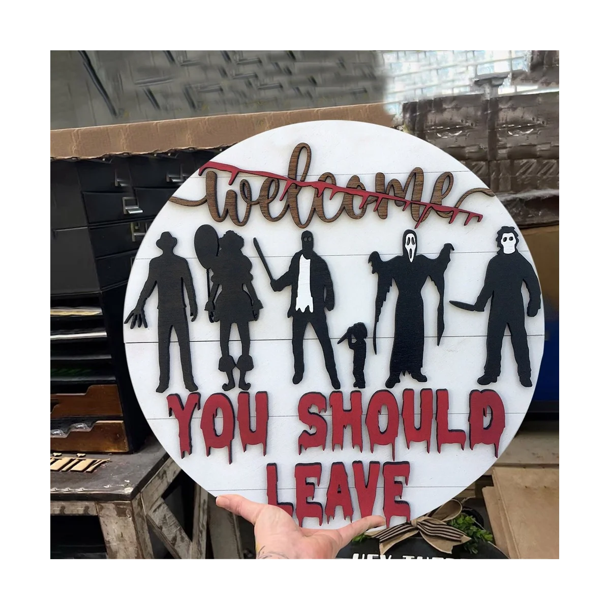 Panneau de bienvenue d'horreur pour porte d'entrée, décoration de couronne d'Halloween, plaque de porte de vacances