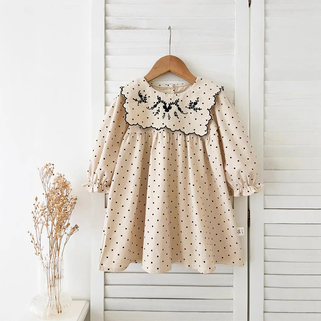 Spring Retro Embroidery Baby Girl Dress Turn Down Collar Strench Long Sleeve Toddler Girl Dress Loose Dot Printed Kid Girl Dress