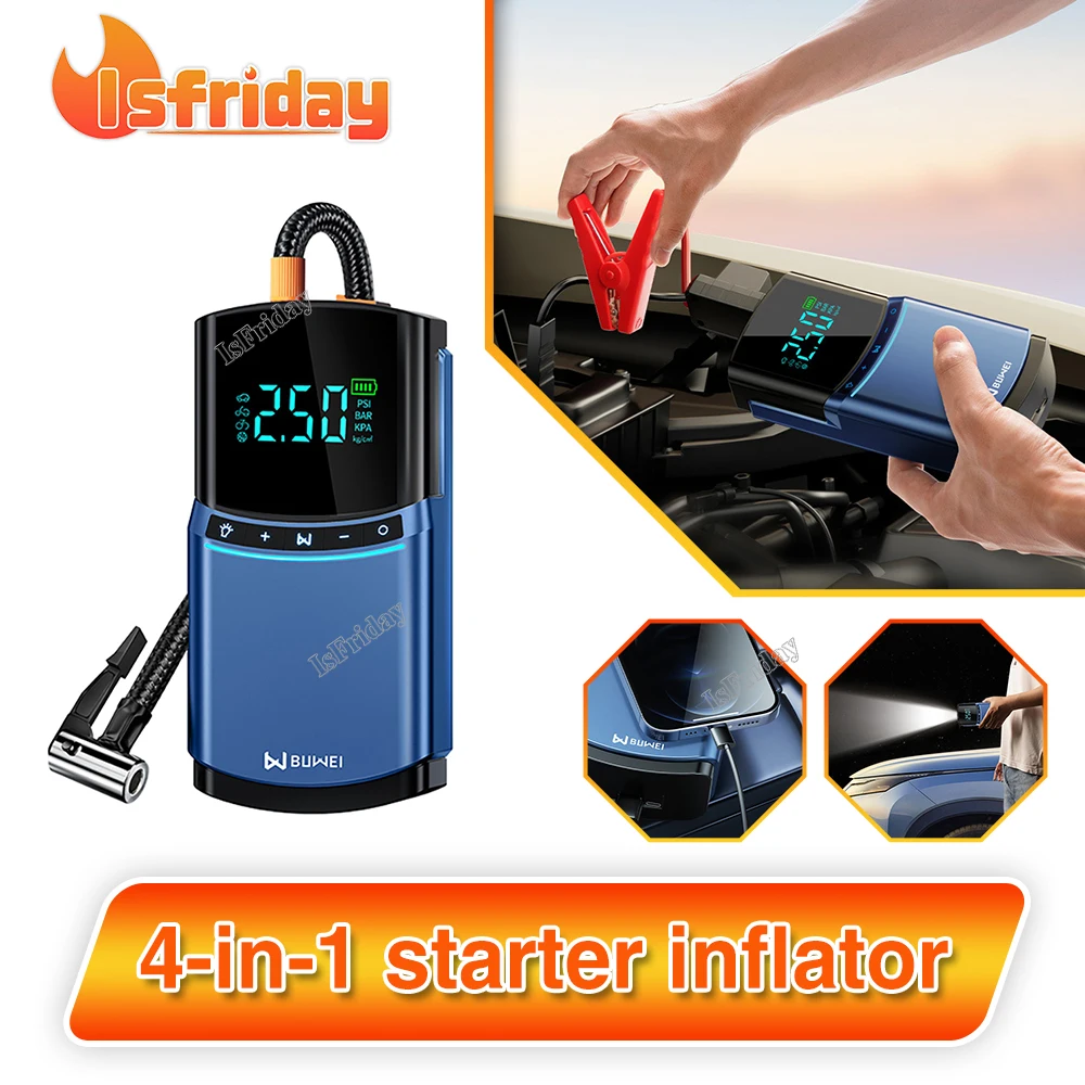 

Car Jump Starter Air Pump Power Bank Lighting Portable Air Compressor 4 In 1 Cars Battery Starters Starting Auto Tyre Inflator