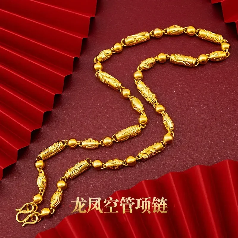 

9999 Real Gold 24K Men's 8n Dragon and Phoenix Air Tube Olive Bead Necklace Dragon and Phoenix Pattern Necklace