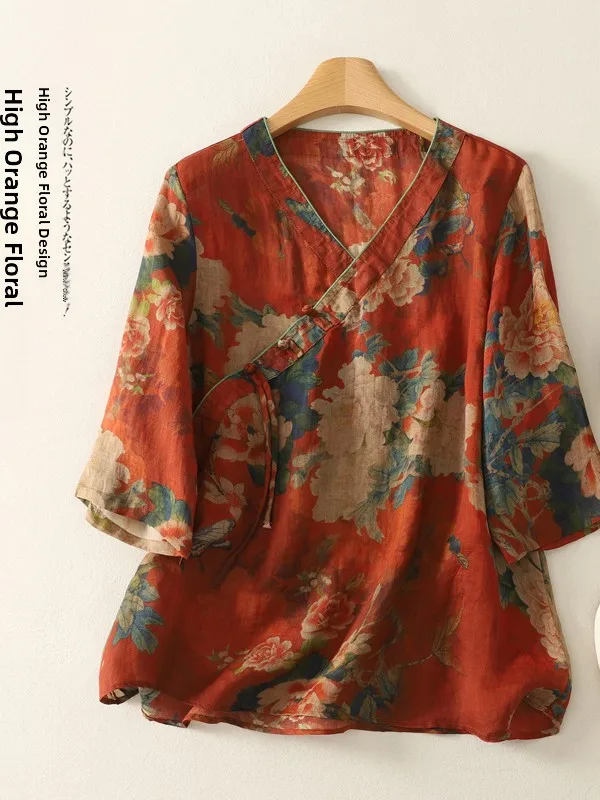 

Женский топ из хлопка и льна с принтом в стиле ретро, большой размер, с наклонным V-Ne, легкий летний топ с цветочным принтом Five Sve