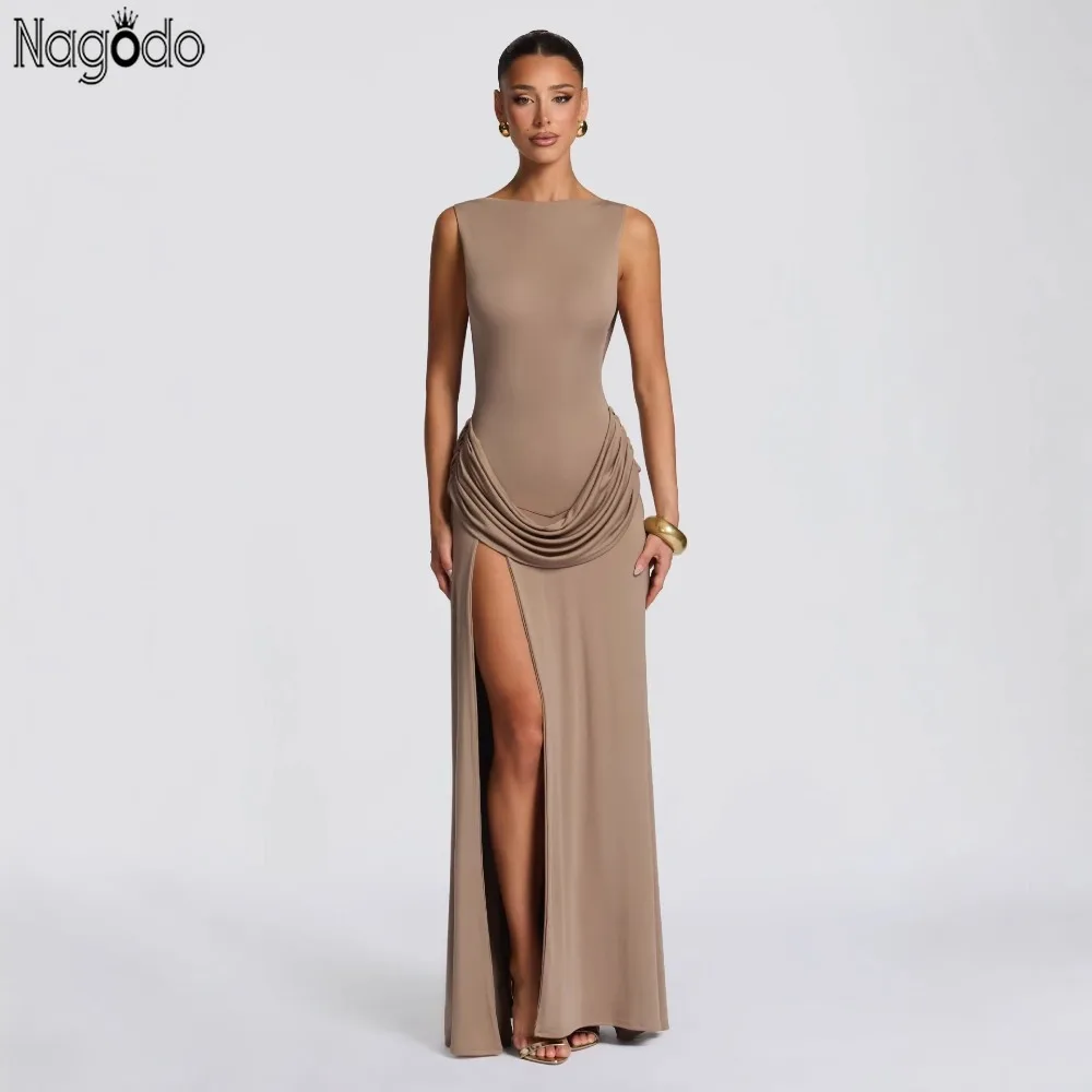 

Nagodo Women Summer Sexy Long Dresses Bodycon Split Sleeveless Maxi Dresses Brown Khaki High Waist Backless Slim Cocktail Dress