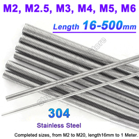 1-10Pcs M2 M2.5 M3 M4 M5 M6 Full Threaded Rod Fully Metric Thread Rods Shaft Bar Screws 304Stainless Steel Bolt Stud L=16-500mm