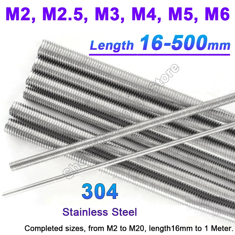 1-10Pcs M2 M2.5 M3 M4 M5 M6 Full Threaded Rod Fully Metric Thread Rods Shaft Bar Screws 304Stainless Steel Bolt Stud L=16-500mm