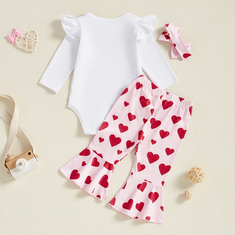 Infant Girls 3-Piece Outfit Set with Flutter Sleeve O Neck Romper Heart Print Leggings and Matching Headband