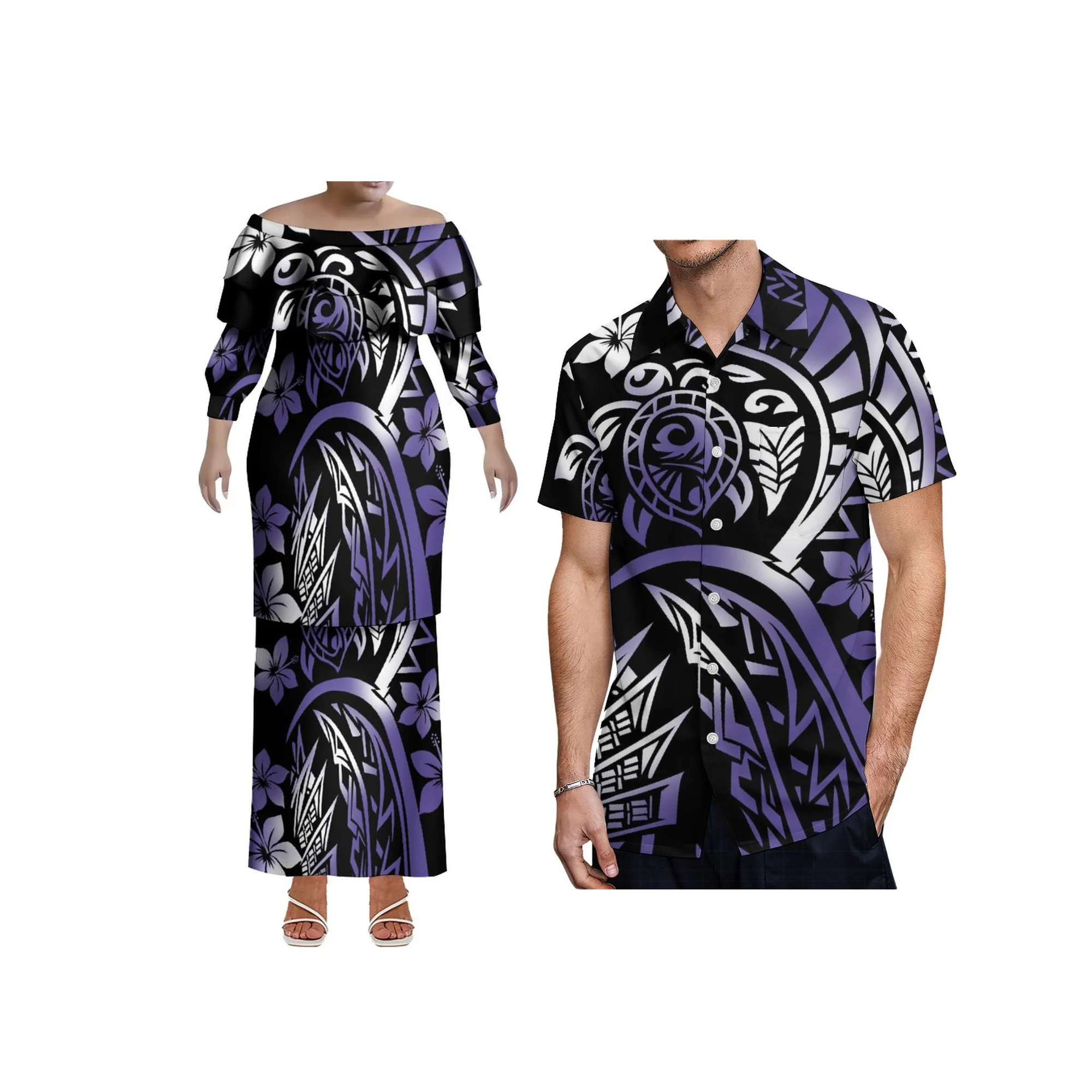 Vestido plissado de camada dupla personalizado, vestido polinésio puletasi, tamanho grande, vestido de um ombro, conjunto de saia, top e saias