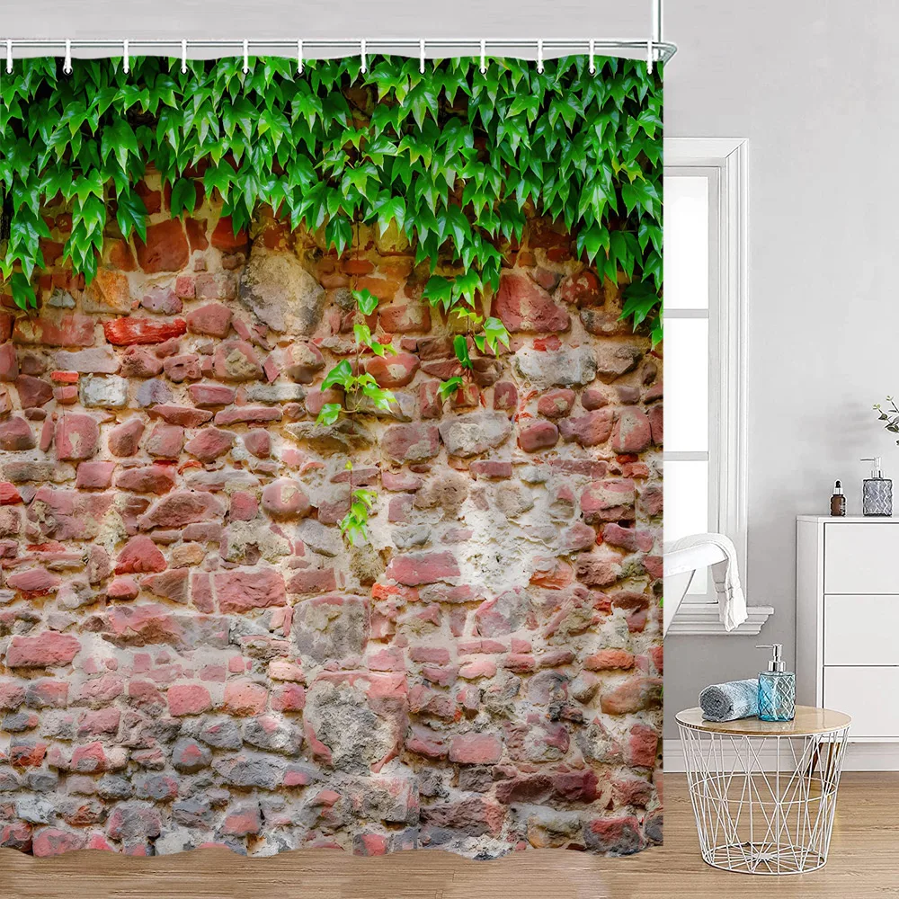 Green Vine Vintage Stone Brick Wall Shower Curtains Natural Plants Leaves Flowers Polyester Home Decoration Nature Bath Curtain