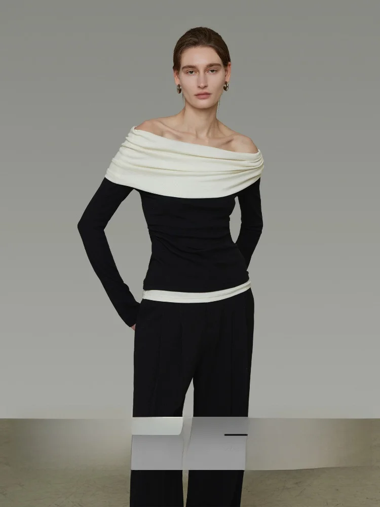 

Женский трикотажный топ на одно плечо с цветными блоками, облегающий, с плиссированным дизайном, высокого качества, для повседневной носки, с длинным рукавом, из хлопка