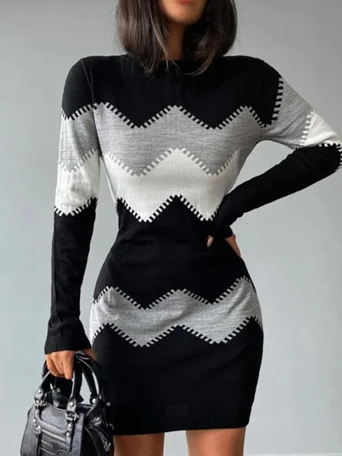 Jesień Zima Moda Damska Print Slim Dress 2024 Kobieca sukienka z długim rękawem O-neck Elegancki pakiet Bodycon Hips Mini sukienki Vestidos
