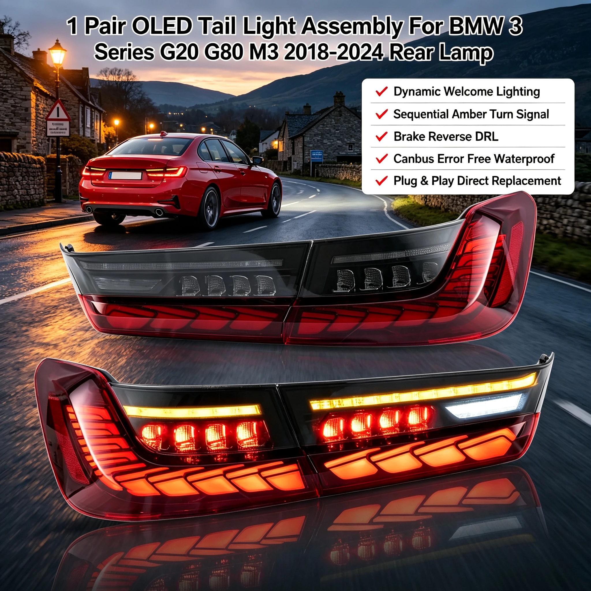 Paar OLED-Rückleuchten für BMW 3er Serie G20 G80 M3 2018-2024, Performance-Tuning-Leuchten, E-Mark-zertifiziert, dynamischer sequenzieller Blinker in Amber, Canbus-frei, wasserdicht, Plug&Play,