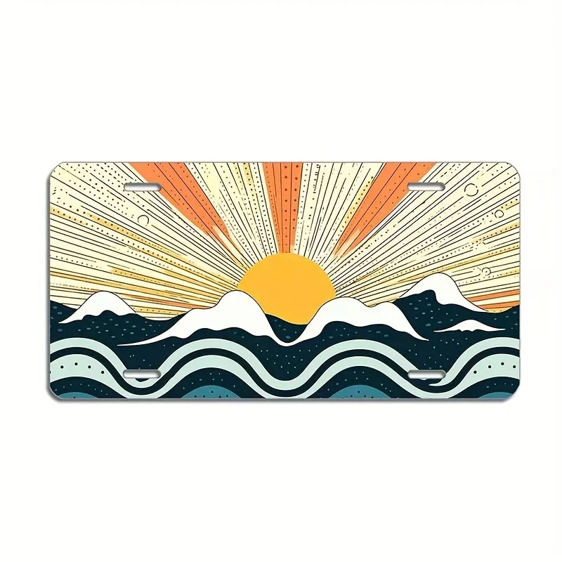 Decorative Car Tag Featuring Retro Sun Waves, Measuring 6X12 Inches