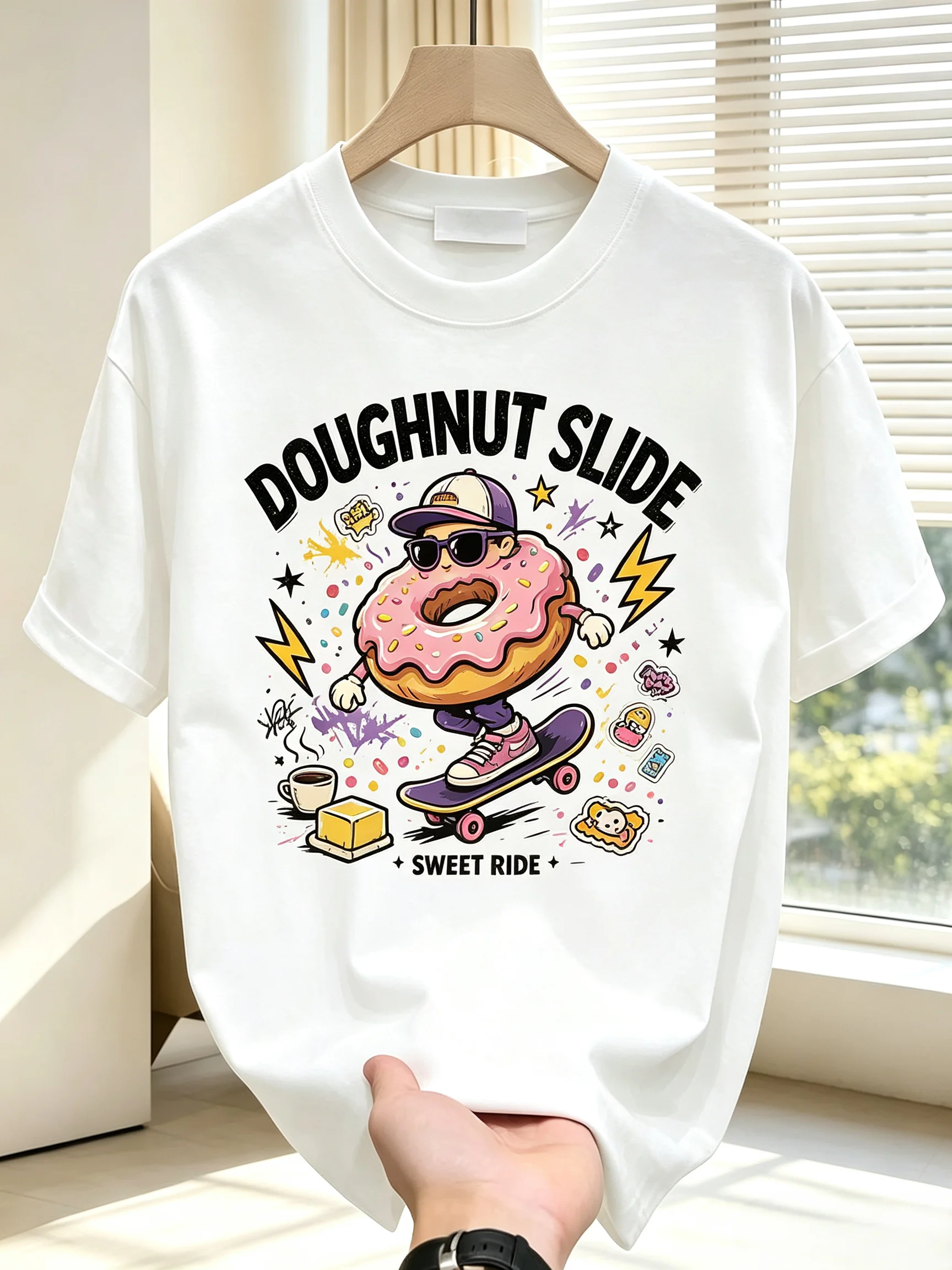 Unisex DOUGHNUT SLIDE Skateboard Doughnut Cartoon Graphic T Shirt Men Women Sweet Ride Cool Urban Streetwear Short Sleeve White Casual Tee
