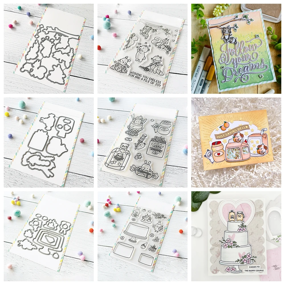 Diligent Squirrel Panda Mixed Critter Metal Cutting Dies Clear Stamps Candy Birthday Cake Delicious Food for DIY Scrapbook Card