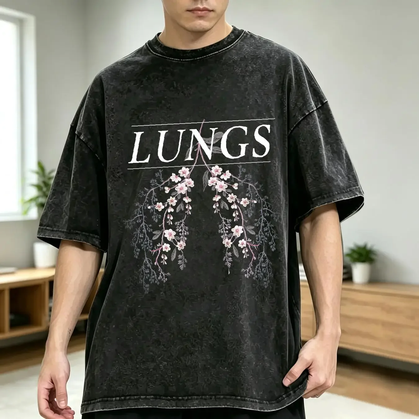 washed T Shirt Florence the Machine LUNGS Black vintage Washed Stretched Breathable graphic Stylish streetwear Casual fashion