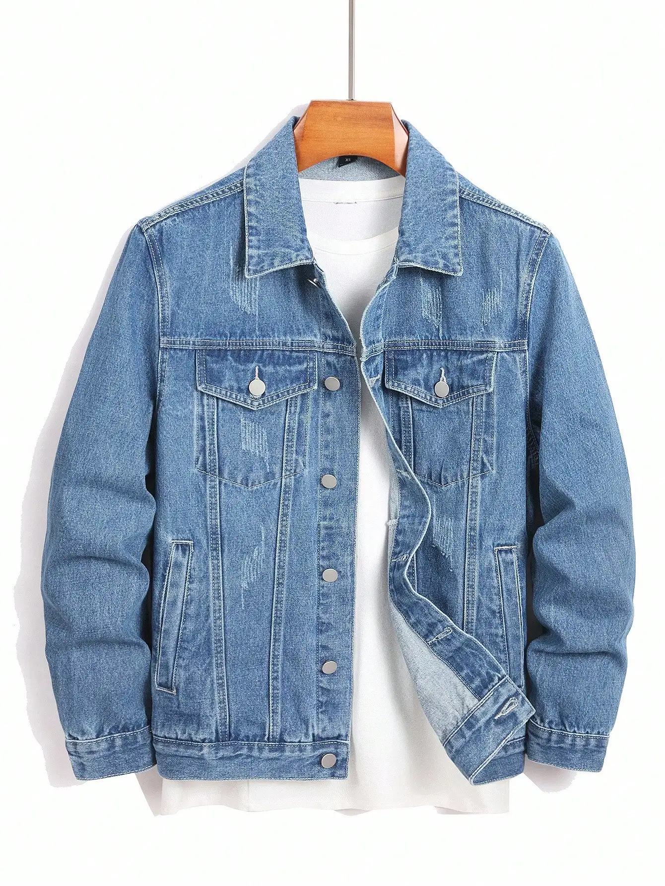 Men Light Blue Washed Denim Jacket Classic Lapel Trucker Jacket Scratch Distressed Jean Coat Casual Streetwear Outerwea