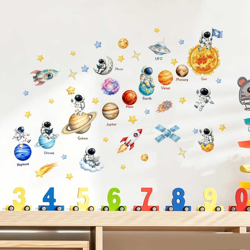 Outer Space Astronaut Planet Rocket Watercolor Wall Stickers Stars Satellite Decals Self‑Adhesive Kids Bedroom Nursery Decor