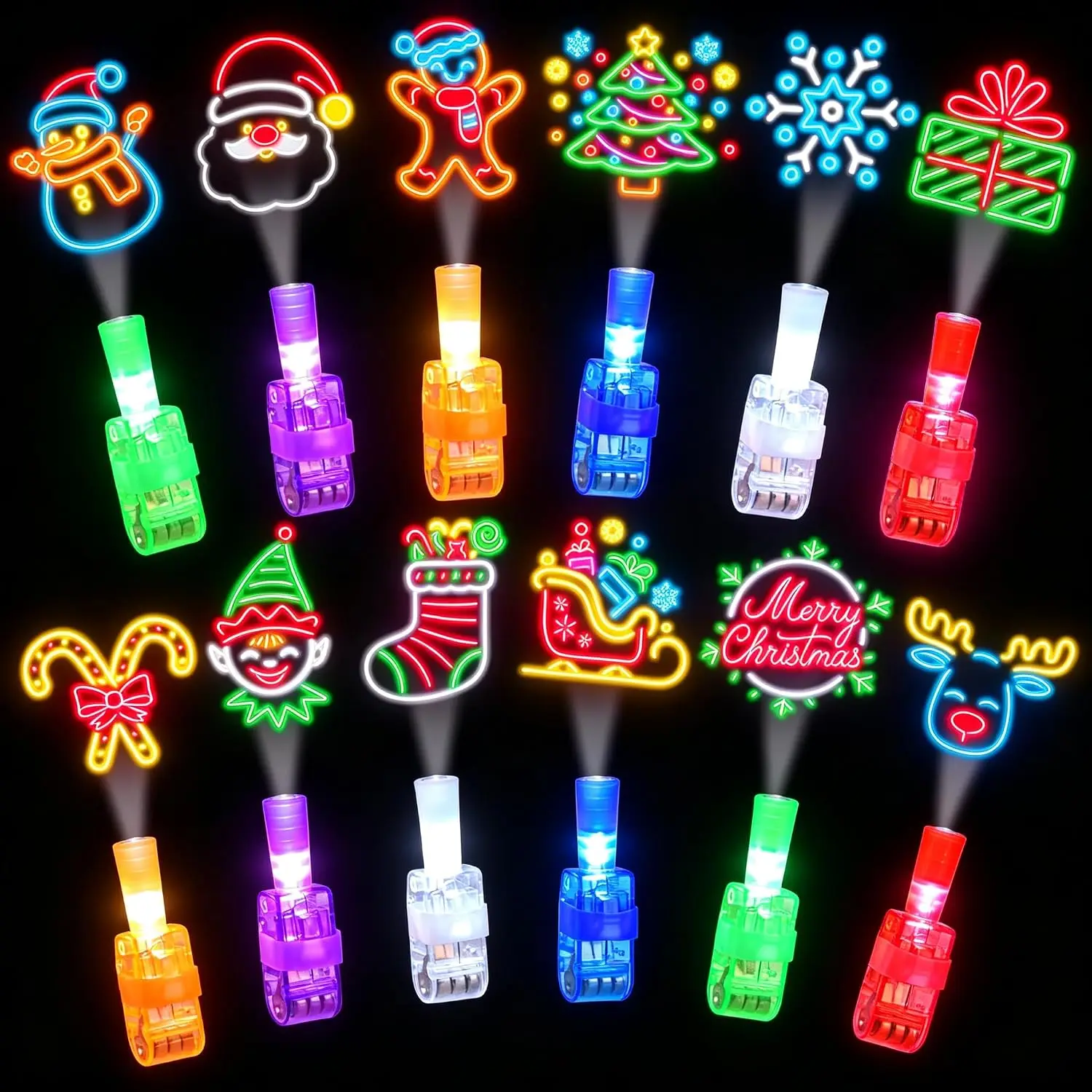 36pcs LED Finger Projection Lights Christmas Light‑Up Finger Rings Party Supplies Glow in The Dark Holiday Gift Photo Booth Prop