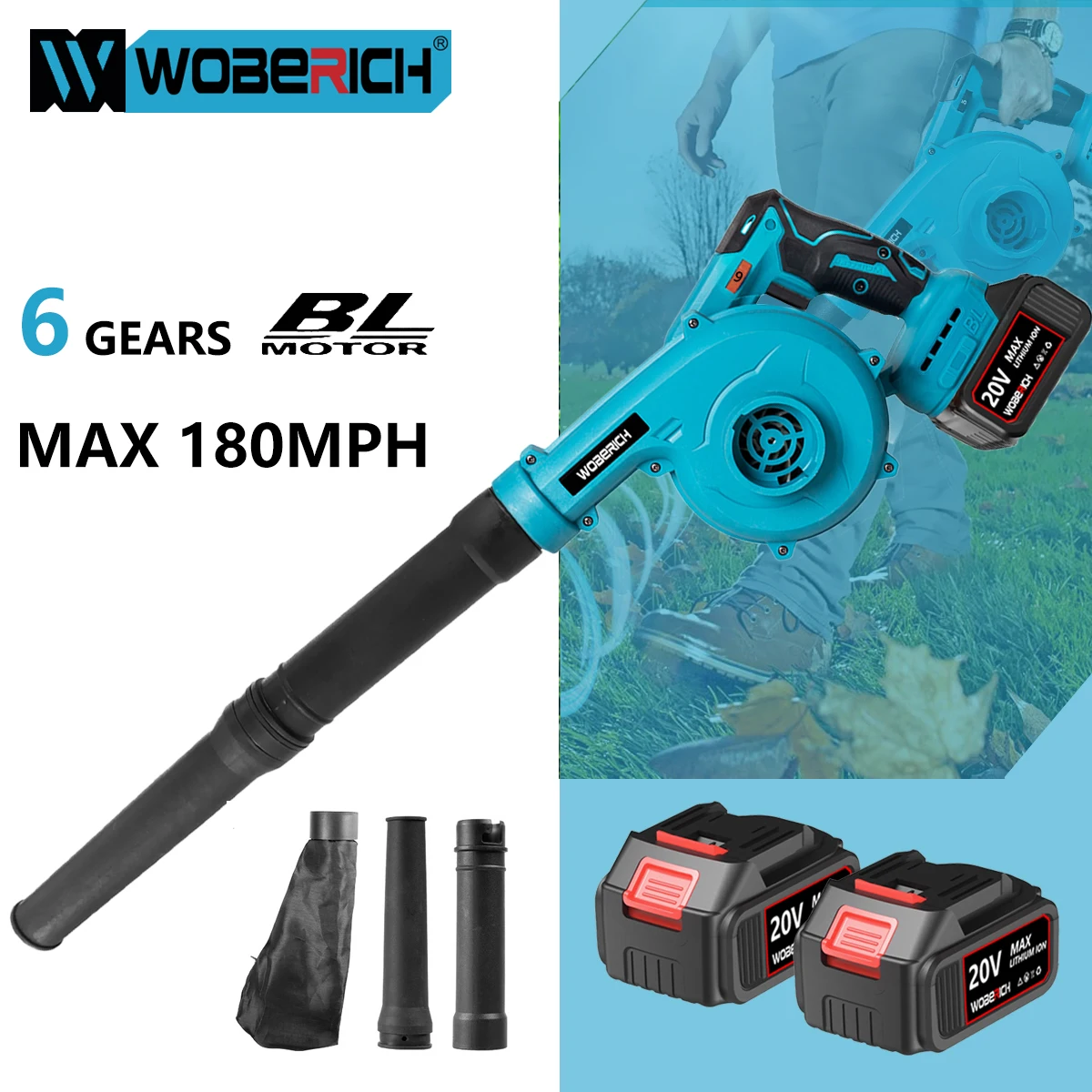 

WOBERICH Cordless Leaf Blower Brushless Electric Air Blower 6 Speed Up to 180MPH Blower Vacuum Cleaner For Makita 18V Battery