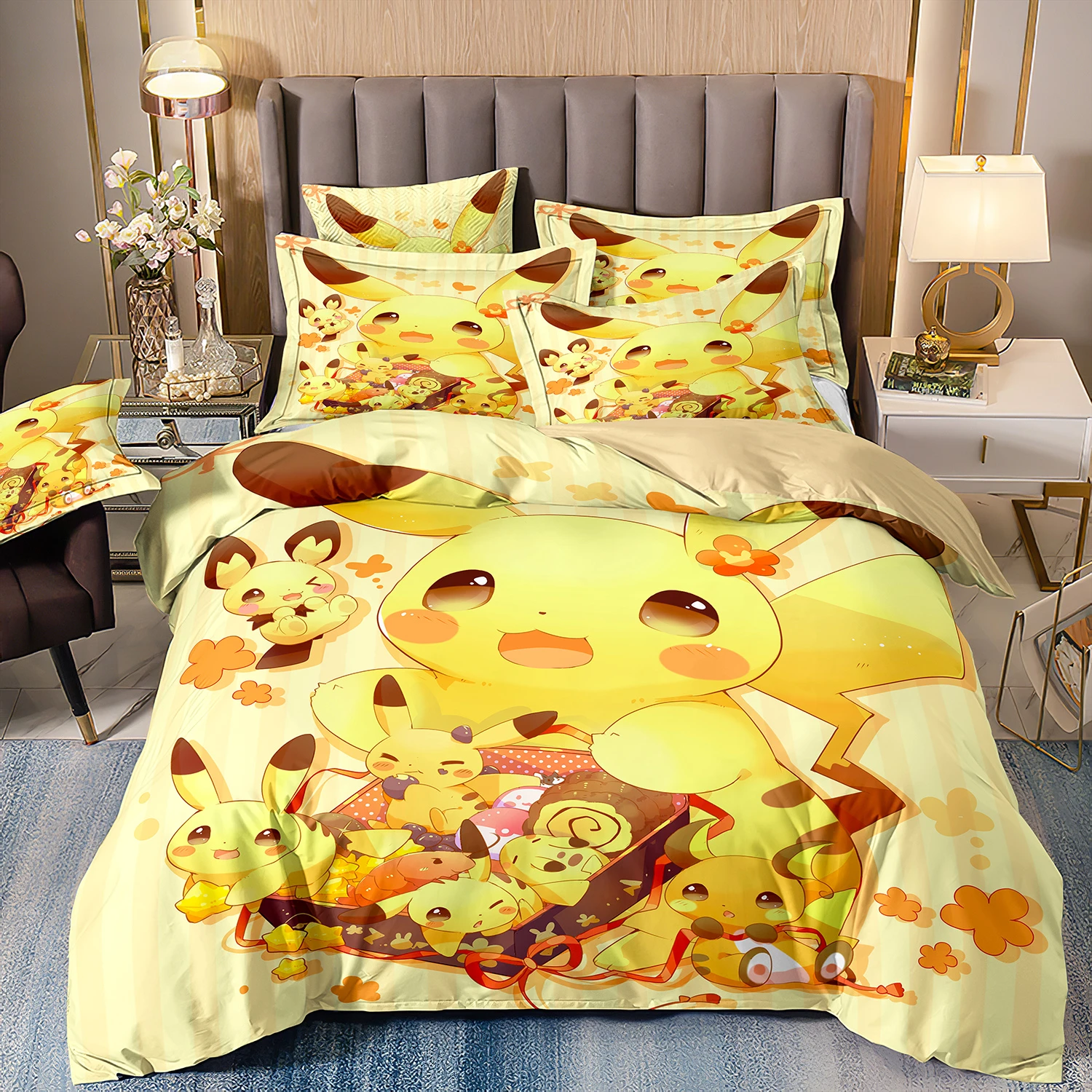 Pokemon Pikachu Bedding Set,Cartoon Anime Quilt Cover for Kids boys Girls gift Queen King Size Bedding Set,