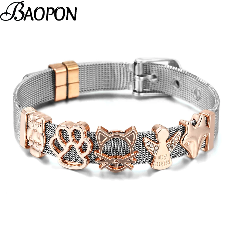 Stainless Steel Watch Belt Mesh Bracelet Micro Pave CZ Crystal Fairy Fox Charm Bracelet For Women Men Party Wedding Jewelry Gift