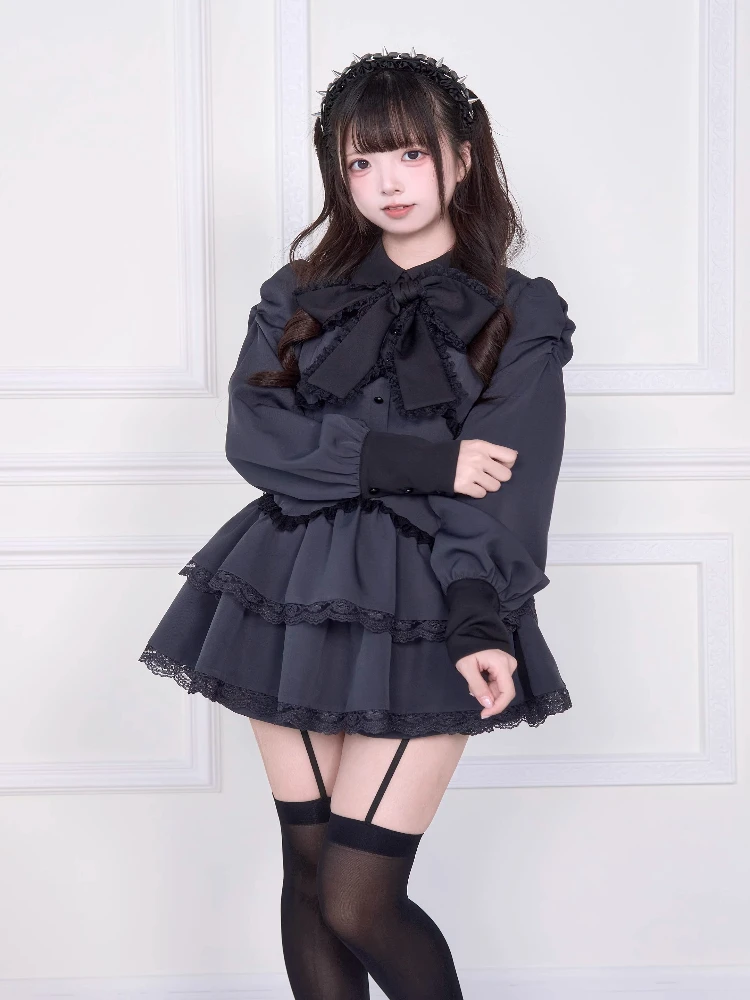 Japanese Style Mass-Produced Subculture Lace-Up Bow Long Sleeve Mini Dress High-Waisted Shorts Two-Piece Set for Women Autumn
