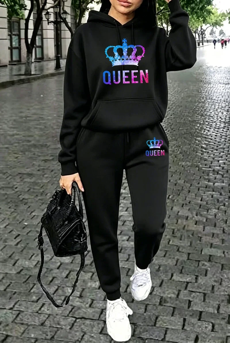 Queen Printing Damen-Outfits, lässige Kapuzenpullover, Outdoor-Sport-Joggingkleidung, Herbst-Winter, einzelner Artikel, Hoodie, Hose