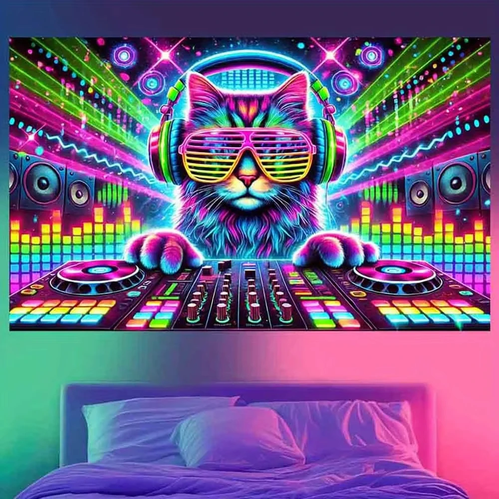 VIKAMA Cyberpunk Cat Dj Tapestry Gaming Room Music Corner Wall Decoration Bedroom Living Room Wall Decoration Tapestry