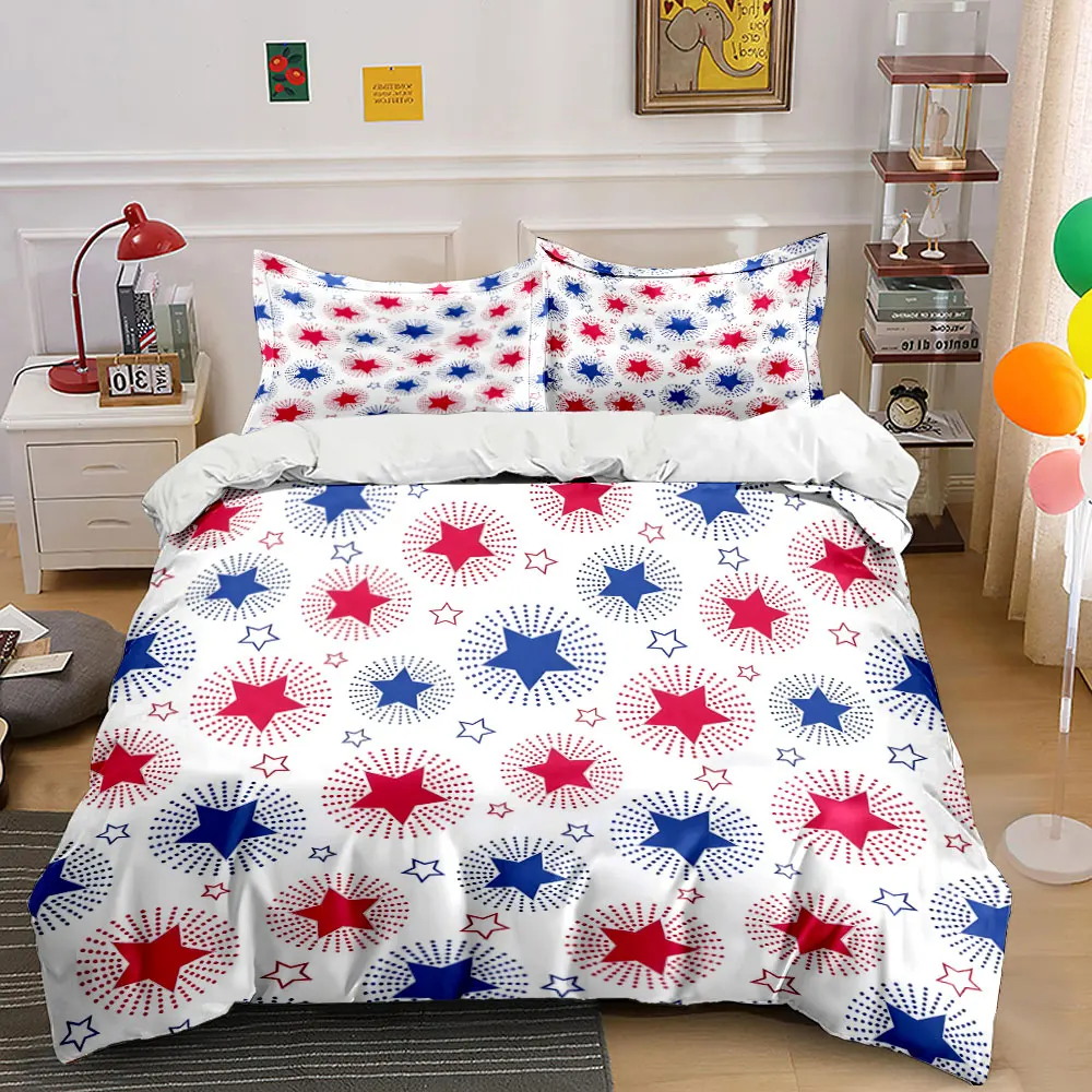 Red and blue star pattern Duvet Cover Set with 3D Printing Design Soft Polyester Bedding Set All-Season Comfort for gifts
