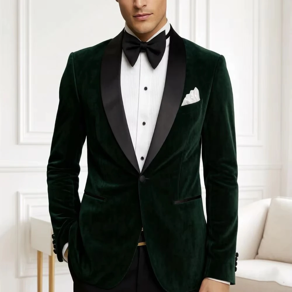 Men Velvet Blazer Slim Fit Suit 1 Piece Wedding Tuxedo Mix Match Glossy Black Satin Shawl Lapel Single Button Party Formal Wear