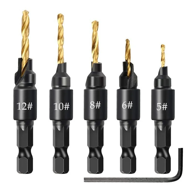 6pcs Countersink Drill Woodworking Drill Bit Set Drilling Pilot Holes For Screw Sizes #5 #6 #8 #10 #12 With a wrench