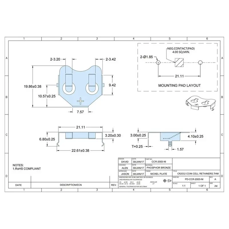 

N96R Nickel-Plated CR2032 Battery Retainer, Poking Coin Cell Holder In Phosphor Bronze