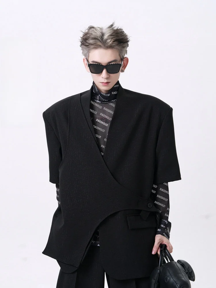 

oulder Pad ort Sve Men's Suit Casual Sli Bla No Collar Westwear Trendy High-End Feeling Design Youth ular Spr...