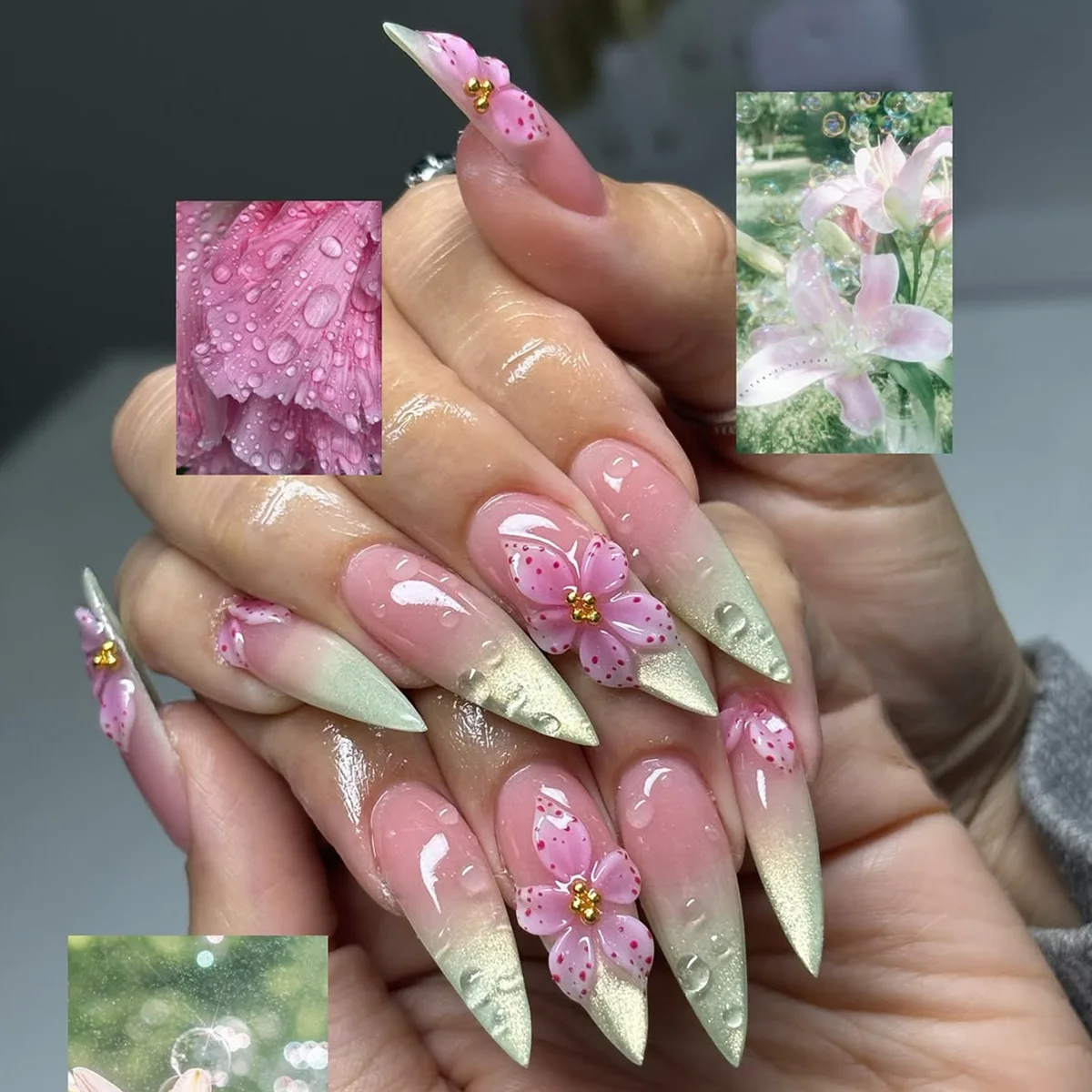 

24pcs Spring Summer Almond Nails Sets Press on Flower French Gradient Cat's Eye Long Stiletto Fake Nails Tip Finished False Nail