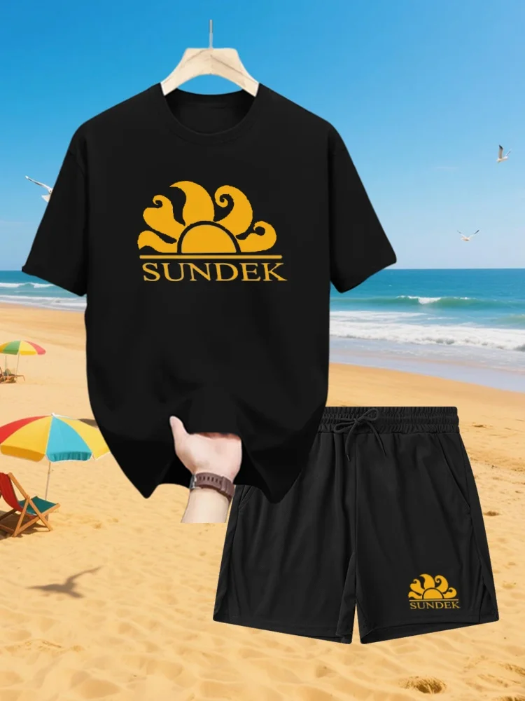 

2025 Sports SUNDEK letter fashion casual men's suit summer Korean men's short-sleeved T-shirt five-point shorts two-piece set