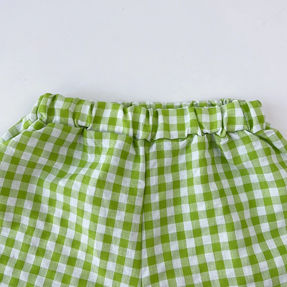 Bear Leader Summer Girls\' Green Checkered Suit Long Sleeved Shirt+vest+elastic Shorts 3-piece Sets Children\'s Clothing