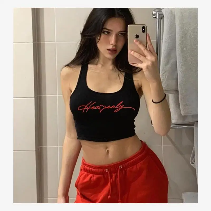 Women's ort Crop Tank Top Street Sle Slim Fit Cotton Printed T-irt Summer Thiened Bal Vest Faion Ladies' Clothing