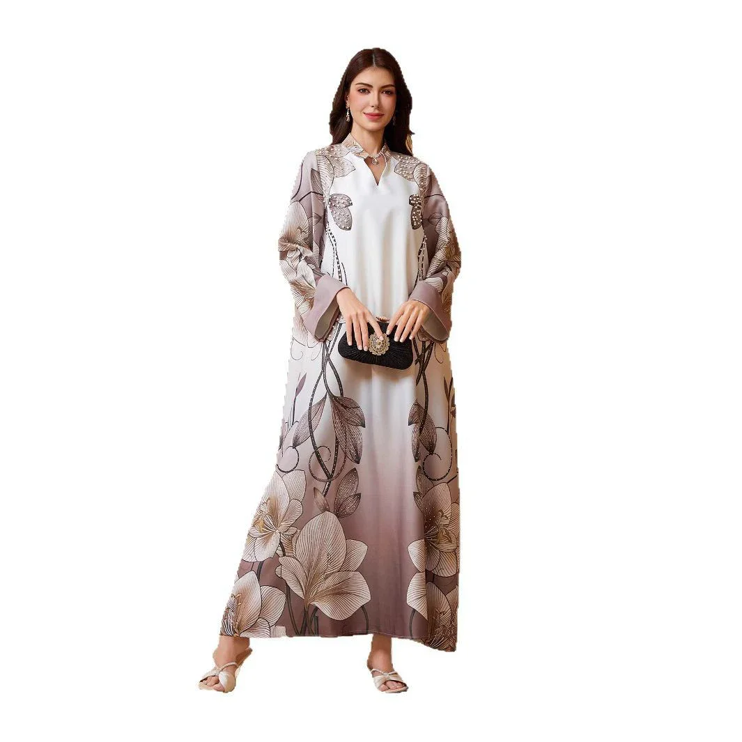Middle East Saudi Arabia Muslim Luxury Fashion Islamic Women's Robe Printed Nail Bead Hot Diamond V-neck Flip Sleeve Dress 6