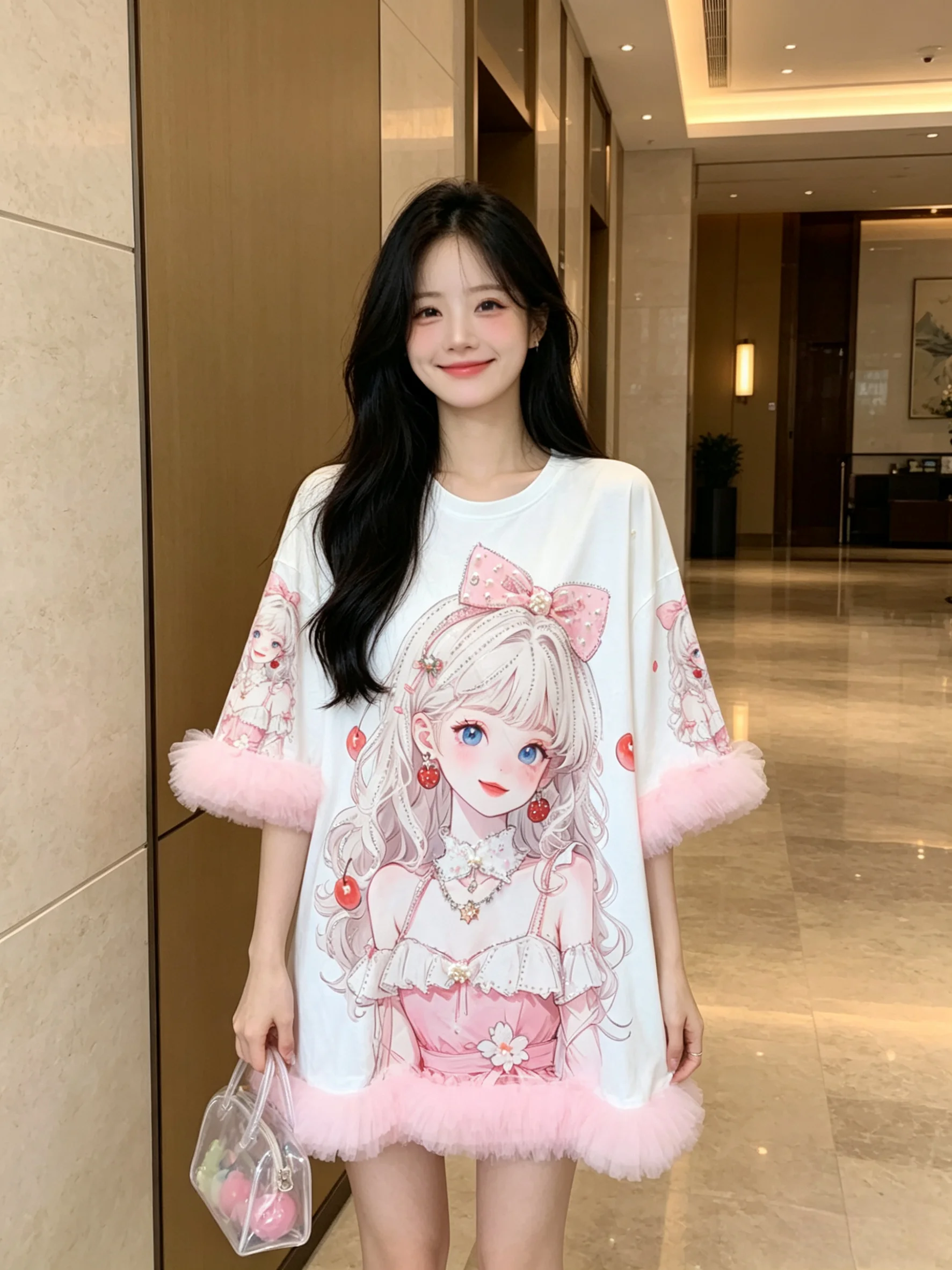 2026 New Summer All-match Women Loose Short Sleeve T-shirt Sweet Beading Cartoon Printed Round Neck Elegant Lace Princess Dress