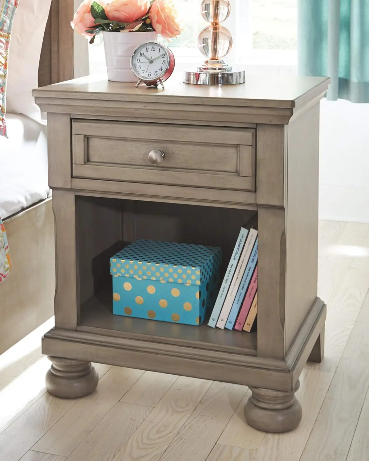 

Modern Traditional Wooden 1 Drawer Nightstand with Open Bookcase, Perfect for Bedroom, 22” W X 17” D X 26.75” H, Light Gray