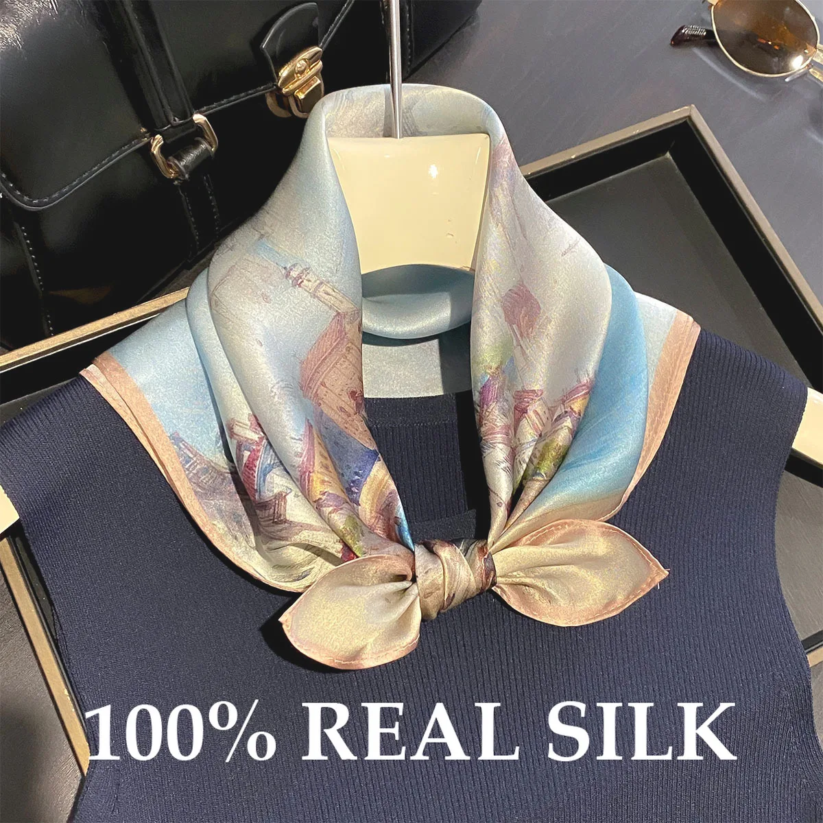 

Шарф из 100% натурального шелка для женщин с принтом «Масляная живопись», шаль, платок, пончо, бандана, квадратный платок, накидка, хиджаб, эшарп